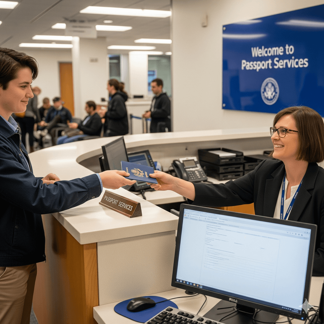 Applicant presenting a passport at a passport service office